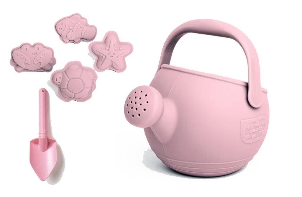 Bigjigs Pink Beach Bundle, Silicone Watering Can, Sand Moulds and Spade Set - Little Whispers
